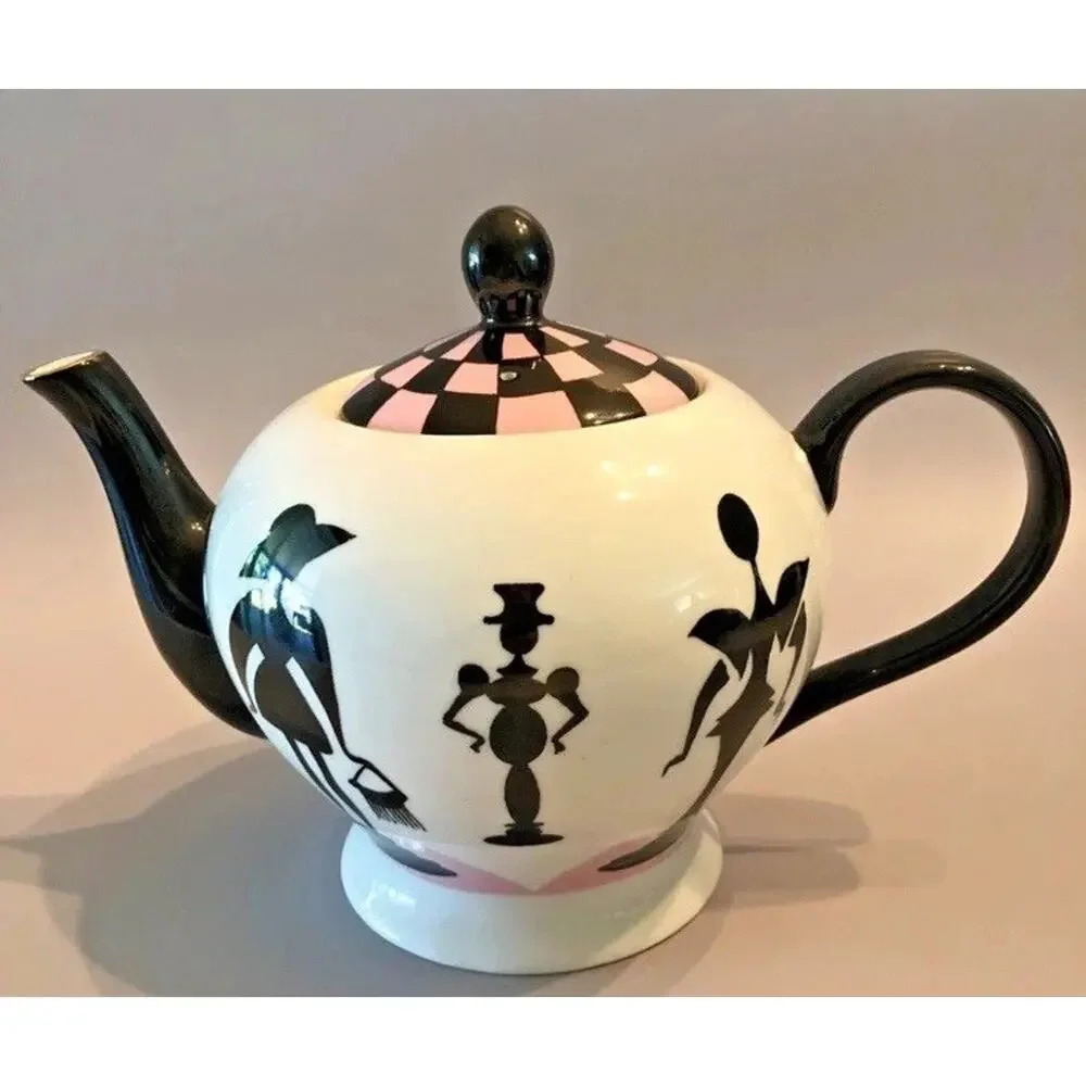 Nordstrom Rubin Toledo Checker Ceramic Teapot Silhouettes Art Nouveau Pink White